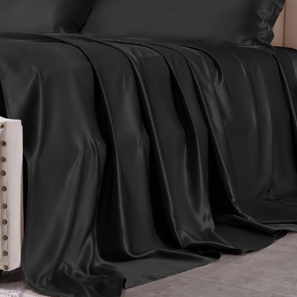 THXSILK Silk Sheet Set 4 Pcs, 25 Momme 100% Top Grade Natural Mulberry Silk Bed Sheets, Luxury Bedding Sets -Ultra Soft Durable, 1 Fitted Sheet, 1 Flat Sheet and 2 Pillow Shams (King, Black)
