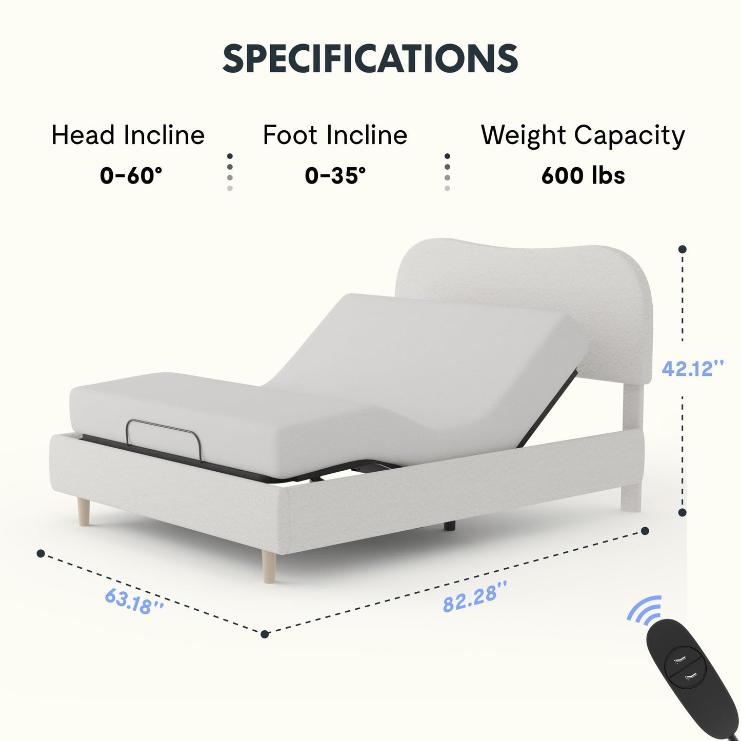 FLEXISPOT Queen All-in-One Adjustable Bed with Fluffy Boucle Bed Frame, Soft Cloud Bed with Head & Foot Incline, Adjustable Headboard, Thick Foam Padding, 10-Year Warranty, Easy Assembly, White