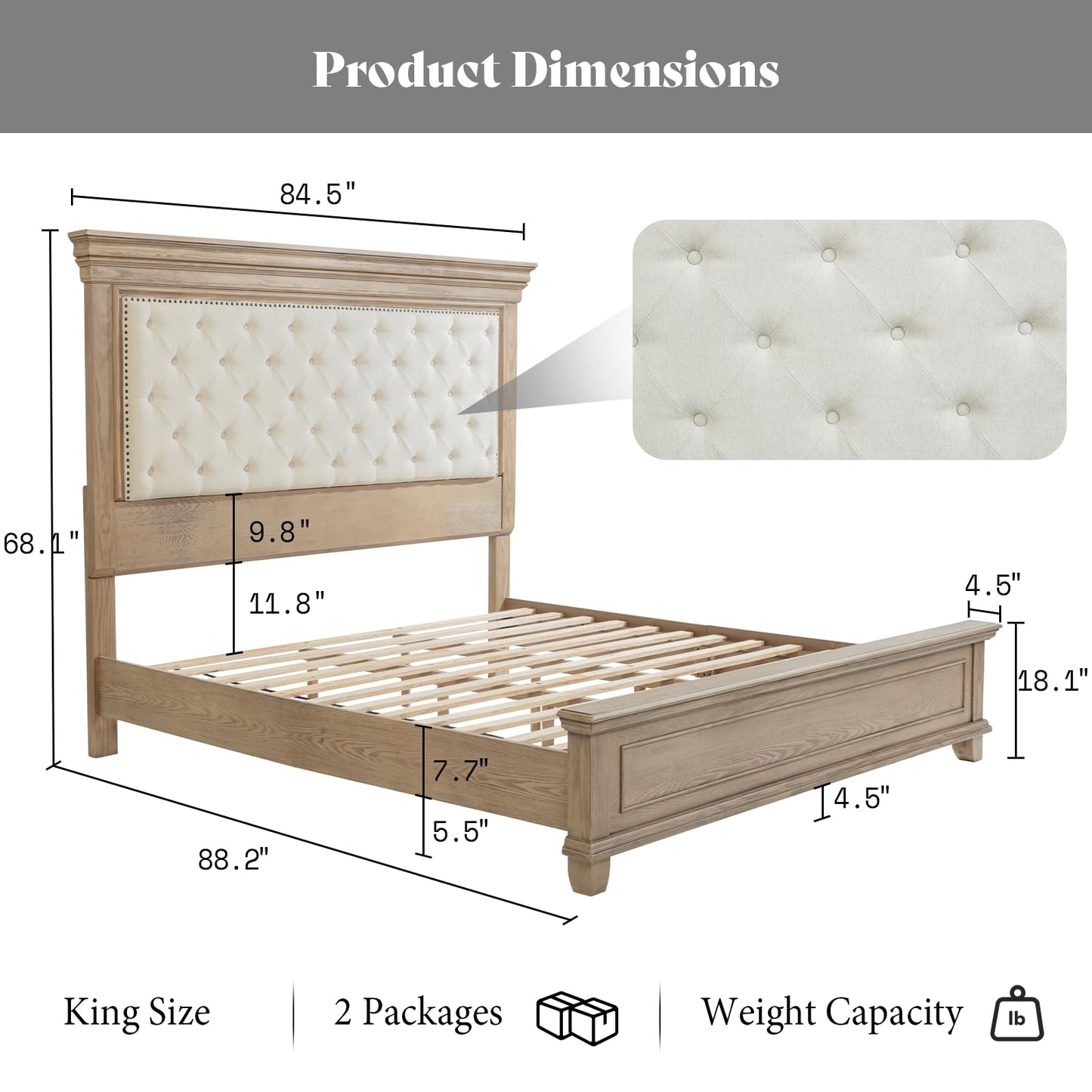 AMERLIFE 68.1" H King Size Bed Frame with Upholstered Headboard, Solid Wood Farmhouse Platform Bed, Architectural Design, No Box Spring Needed, Light Oak