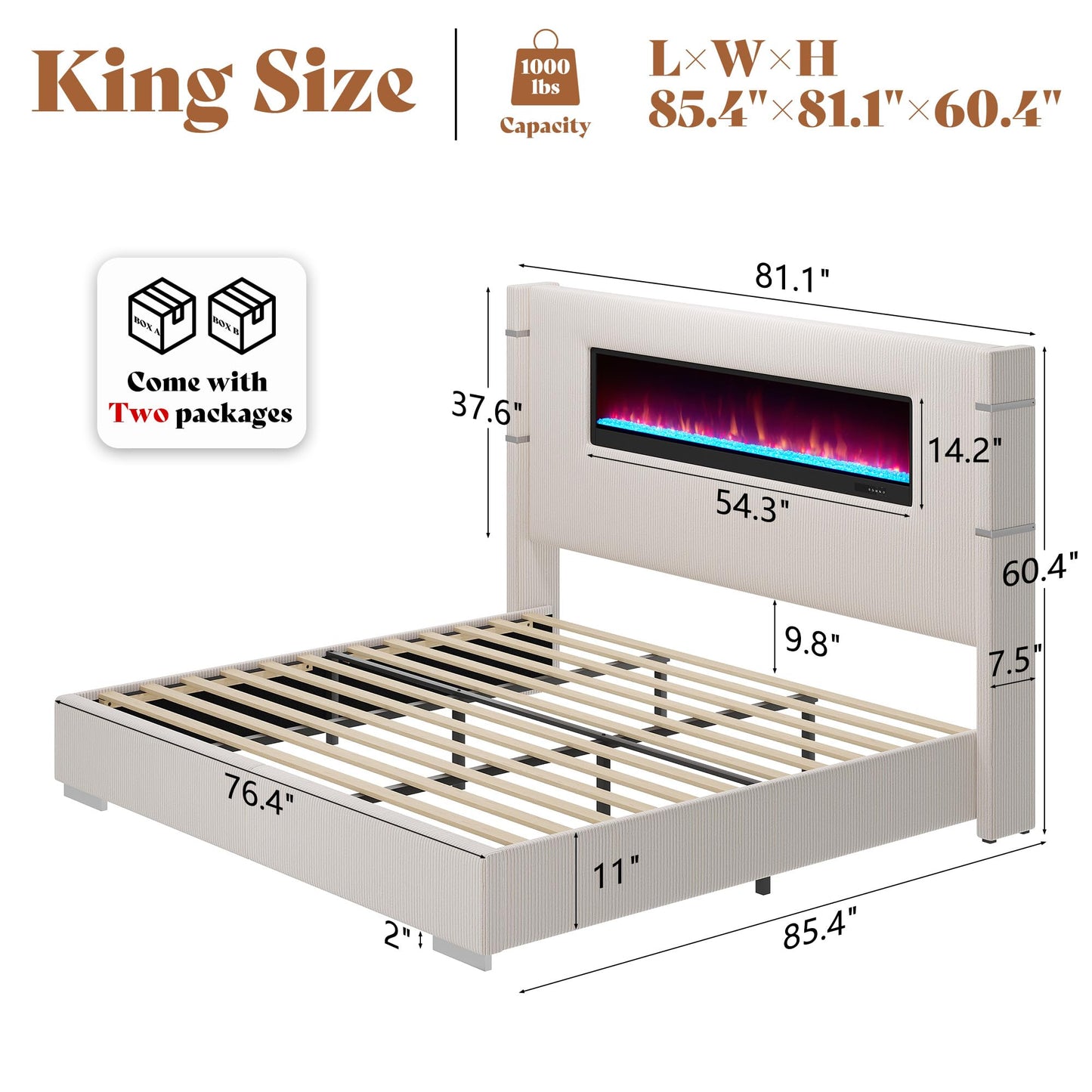 AMERLIFE Modern King Size Bed Frame with Fireplace, Wingback Platform Bed Frame with 60.4“ Extra Tall Headboard, Corduroy Upholstered Bed Frame Wooden Slats/No Box Spring Needed, Beige