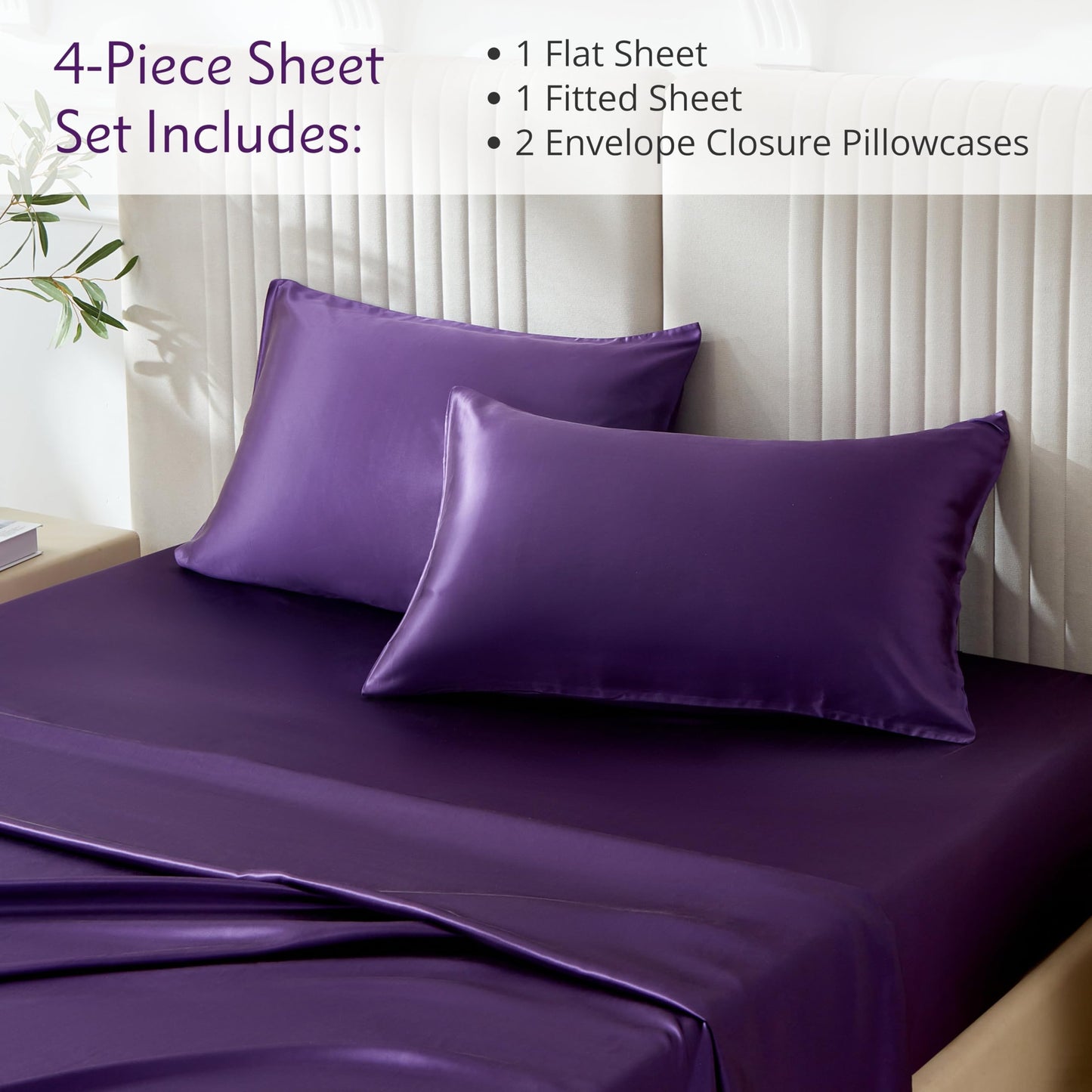 Mulberry Park Silks - 22 Momme 100% Mulberry Silk Sheets - Queen Size Bed Set - 16" Pocket - Luxurious Bed Sheets & Pillowcases, Skin-Friendly & Breathable - Charmeuse Silk for Hair Care - Plum