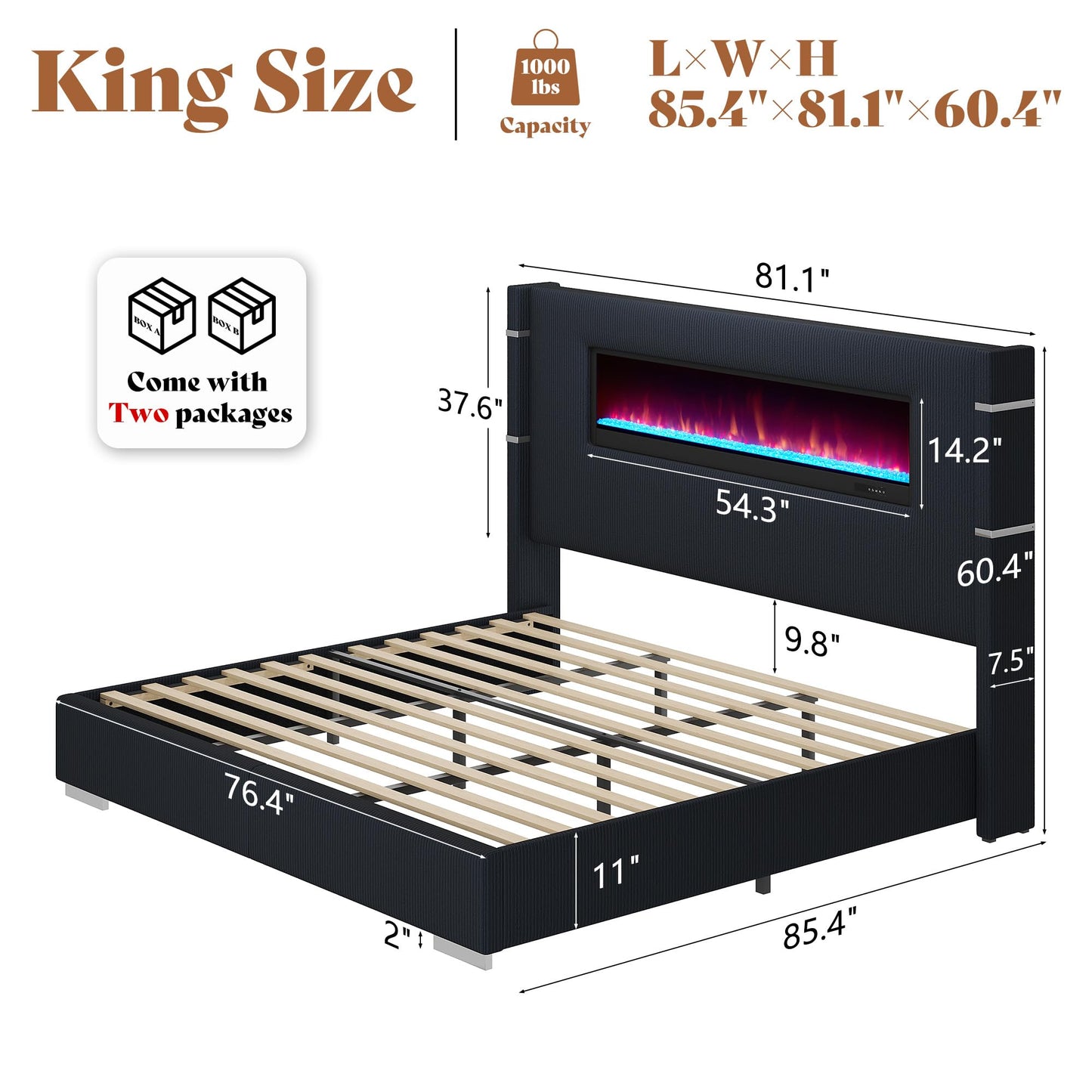 AMERLIFE Modern King Size Bed Frame with Fireplace, Wingback Platform Bed Frame with 60.4“ Extra Tall Headboard, Corduroy Upholstered Bed Frame Wooden Slats/No Box Spring Needed, Black
