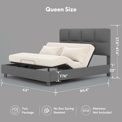 FLEXISPOT All-in-One Adjustable Bed Frame with Upholstered Square Tufted Headboard, Queen–Modern Minimalist Design–Synchronized Head&Foot Lift for Relaxation–5Y Motor&10Y Frame Warranty,Dark Grey