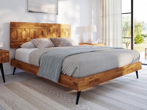 Bme Georgina Signature Bed Frame with Handcrafted Geometric Headboard, Mid Century Modern, Solid Acacia Wood, No Box Spring Needed, 12 Strong Wood Slats Support, Easy Assembly, Teak Brown, Queen