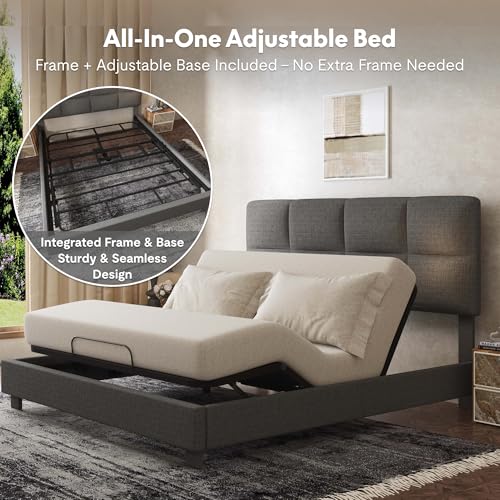 FLEXISPOT All-in-One Adjustable Bed Frame with Upholstered Square Tufted Headboard, Queen–Modern Minimalist Design–Synchronized Head&Foot Lift for Relaxation–5Y Motor&10Y Frame Warranty,Dark Grey