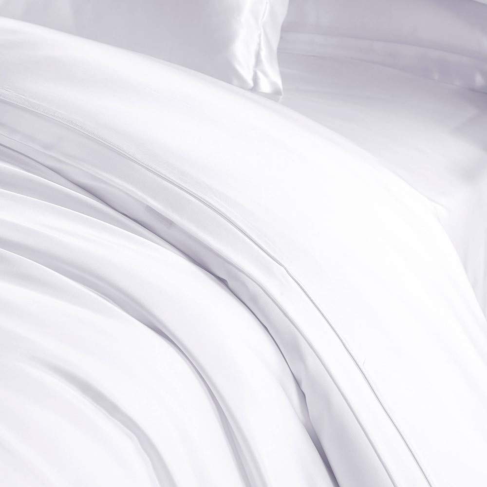 LilySilk 4pc White Silk Bed Sheet Set 22 Momme -Duvet Cover Fitted Sheet 2 Pillowcases - Oeko-TEX Certified- Mulberry Charmeuse Silk Bedding Sets - Luxury