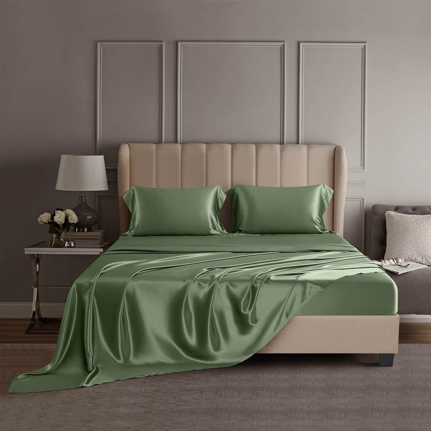 DISANGNI 22 Momme 100% Mulberry Silk Bedding Set - 4-Piece Luxury (2 Pillowcases, 1 Fitted Sheet, 1 Flat Sheet) - 6A Grade Natural Silk (Green, California King)