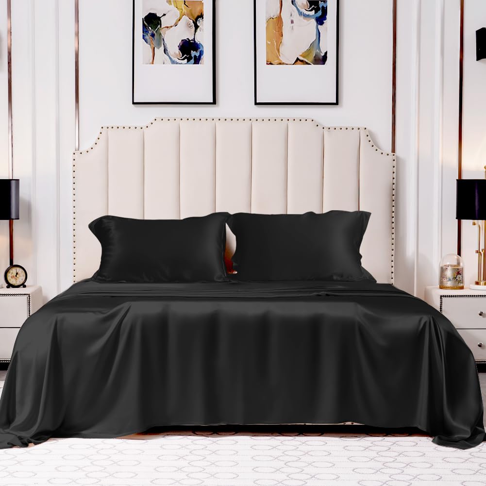 THXSILK Silk Sheet Set 4 Pcs, 25 Momme 100% Top Grade Natural Mulberry Silk Bed Sheets, Luxury Bedding Sets -Ultra Soft Durable, 1 Fitted Sheet, 1 Flat Sheet and 2 Pillow Shams (King, Black)