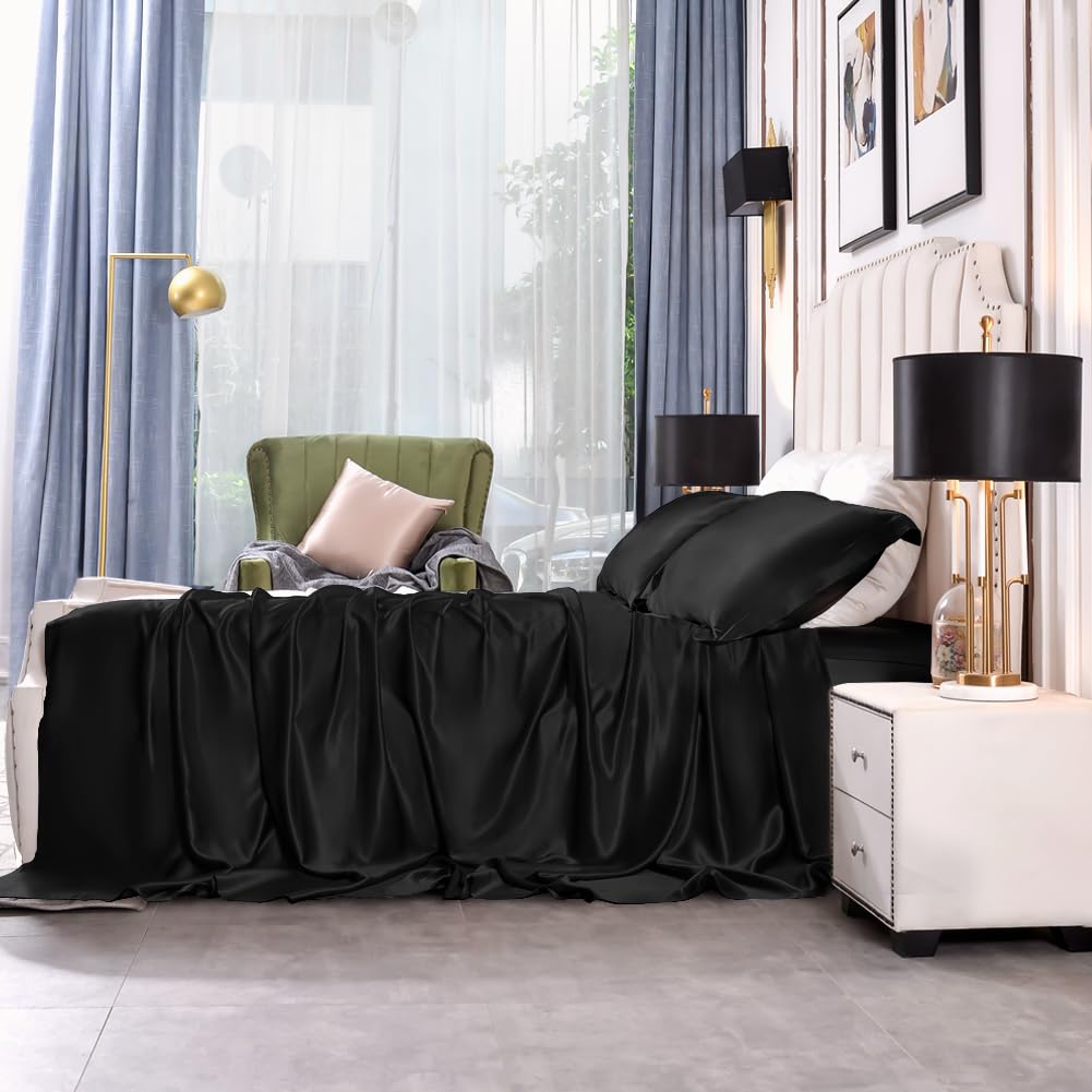 THXSILK Silk Sheet Set 4 Pcs, 25 Momme 100% Top Grade Natural Mulberry Silk Bed Sheets, Luxury Bedding Sets -Ultra Soft Durable, 1 Fitted Sheet, 1 Flat Sheet and 2 Pillow Shams (King, Black)
