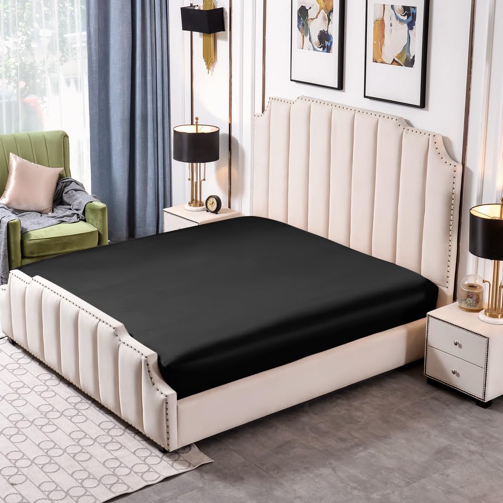 THXSILK Silk Sheet Set 4 Pcs, 25 Momme 100% Top Grade Natural Mulberry Silk Bed Sheets, Luxury Bedding Sets -Ultra Soft Durable, 1 Fitted Sheet, 1 Flat Sheet and 2 Pillow Shams (King, Black)