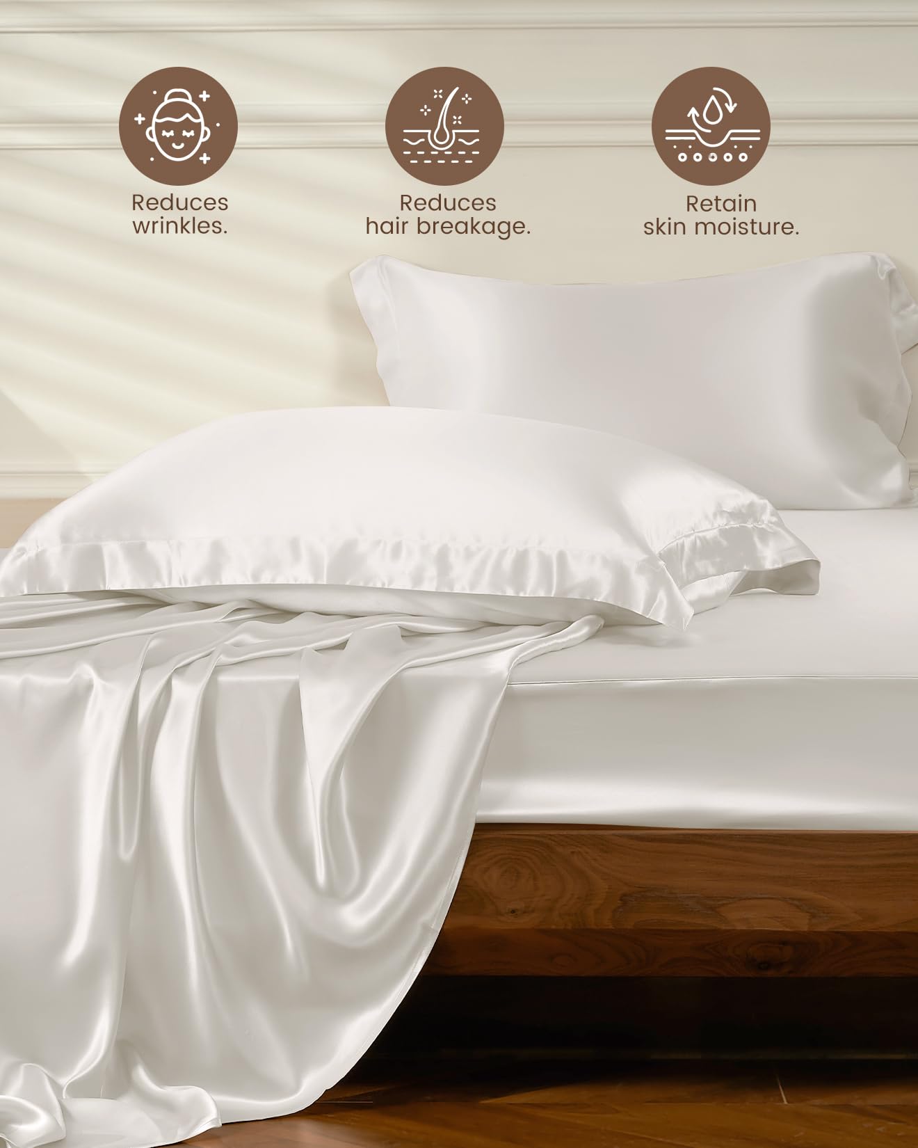 THXSILK 4pcs Silk Bed Sheets Set, 100% Long Stranded 25 Momme Mulberry Silk Bedding Set, Sheets and Pillowcase Set, Extremely Soft and Luxurious (White, California King)