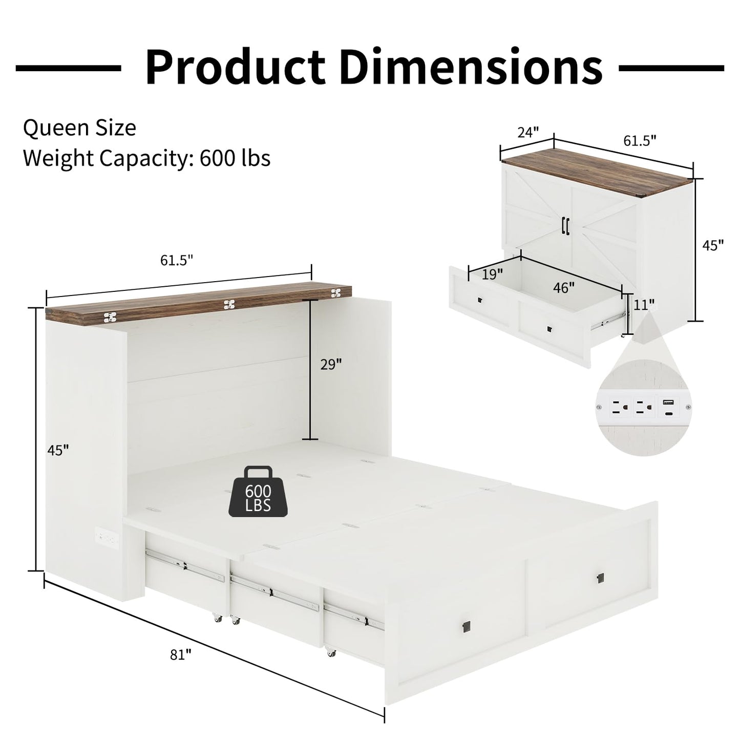 LUXOAK Murphy Bed with Charging Station, Queen Size Cabinet Bed with Large Storage Drawer for Home Office or Small Room, Hideaway Full Foldable Platform Bed, White
