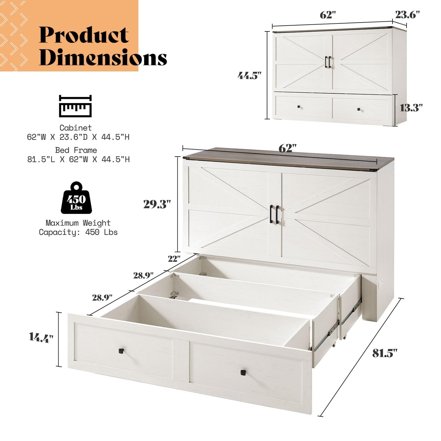 AMERLIFE Queen Murphy Bed with Storage & Charging Station, Farmhouse Murphy Cabinet with Foldable Panel, Noisy Free, for Guest Bedroom, Living Room, Office, Distressed White