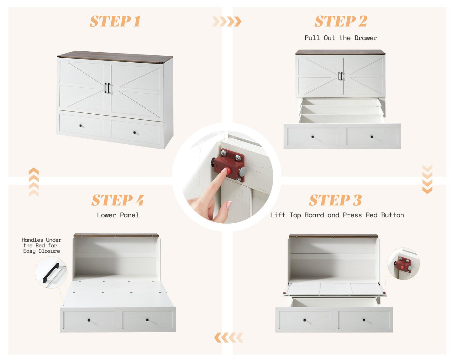 AMERLIFE Queen Murphy Bed with Storage & Charging Station, Farmhouse Murphy Cabinet with Foldable Panel, Noisy Free, for Guest Bedroom, Living Room, Office, Distressed White