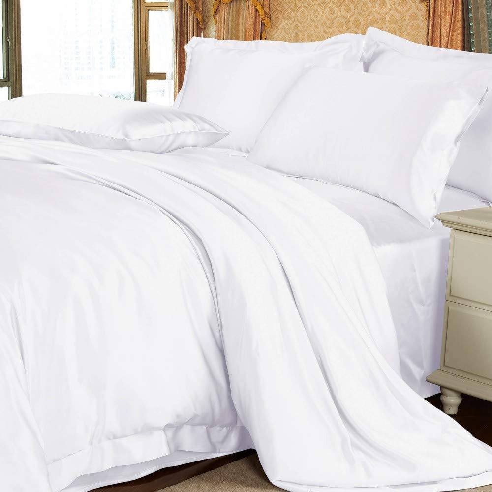 LilySilk 4pc White Silk Bed Sheet Set 22 Momme -Duvet Cover Fitted Sheet 2 Pillowcases - Oeko-TEX Certified- Mulberry Charmeuse Silk Bedding Sets - Luxury