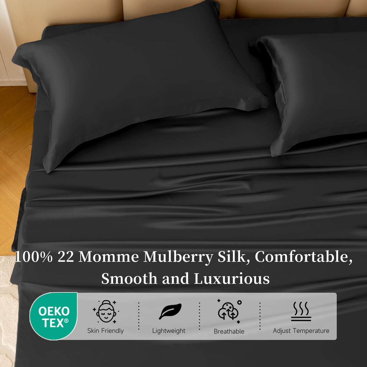 THXSILK Silk 22 Momme Black Sheet Set 4 Pcs Pure Mulberry Silk Bed Sheets, Luxury Bedding Sets Ultra Soft Durable Breathable, 1 Flat Sheet, 1 Fitted Sheet and 2 Pillow Shams, King Size