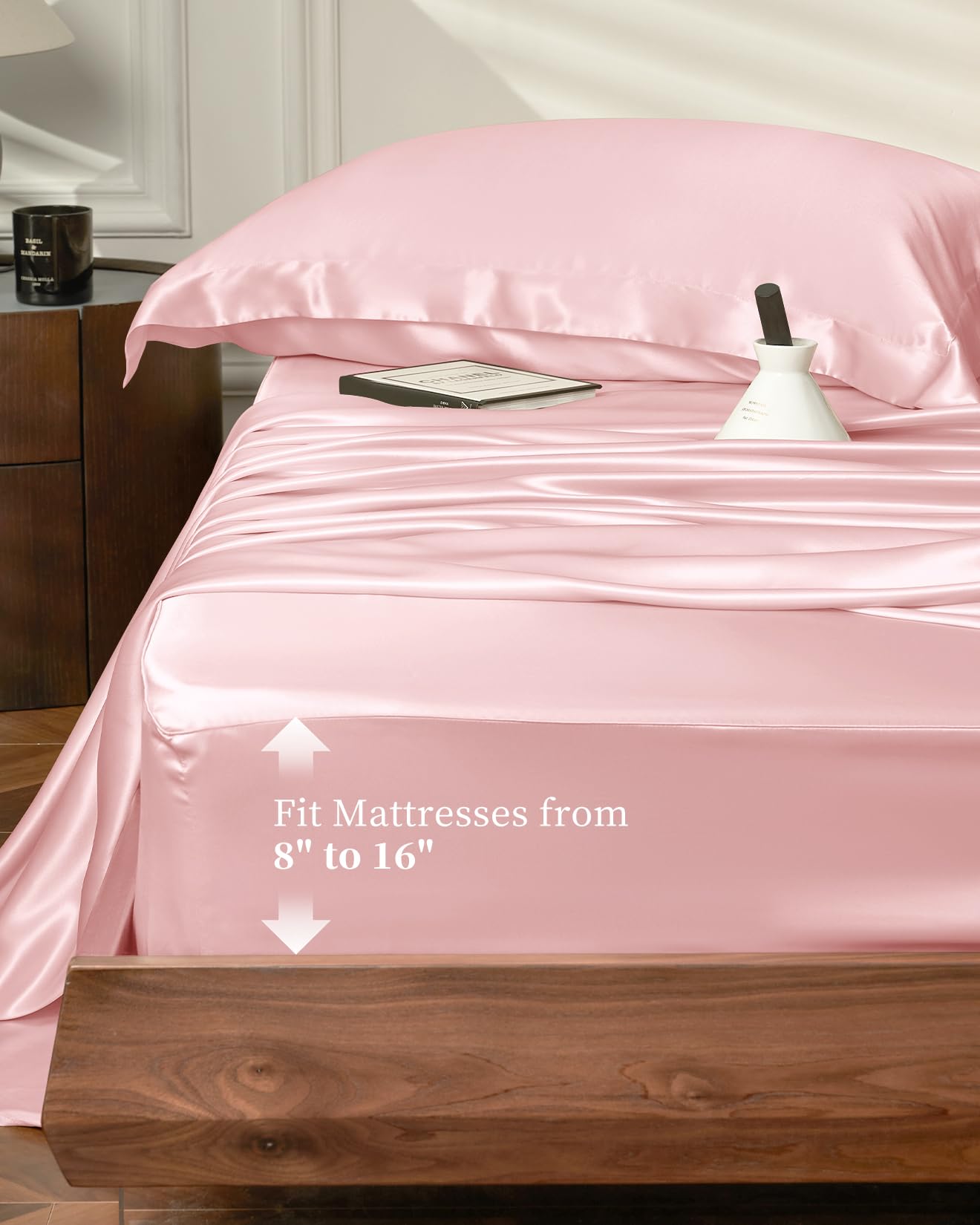 THXSILK 4pcs Silk Bed Sheets Set, 100% Long Stranded 25 Momme Mulberry Silk Bedding Set, Sheets and Pillowcase Set, Extremely Soft and Luxurious (Charming Pink, King)