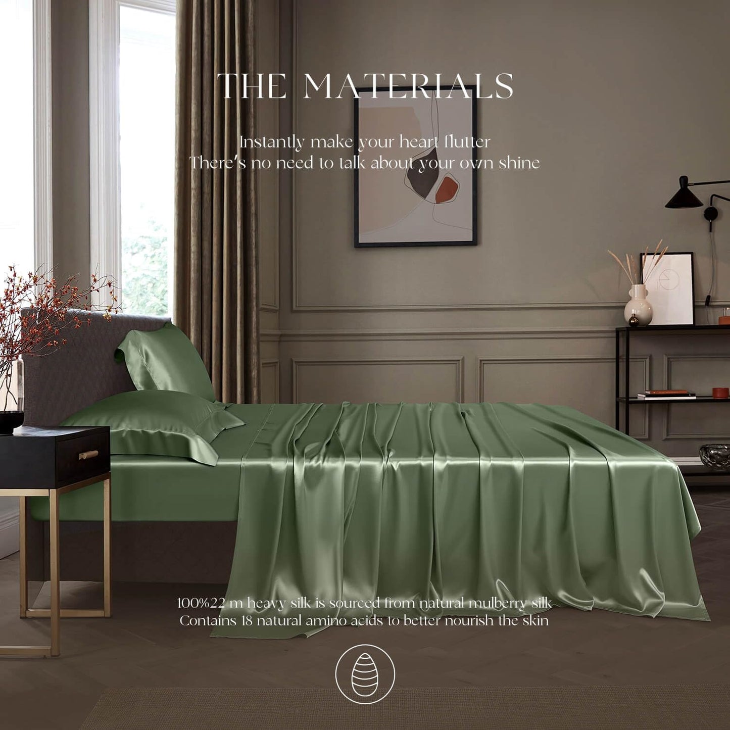 DISANGNI 22 Momme 100% Mulberry Silk Bedding Set - 4-Piece Luxury (2 Pillowcases, 1 Fitted Sheet, 1 Flat Sheet) - 6A Grade Natural Silk (Green, California King)