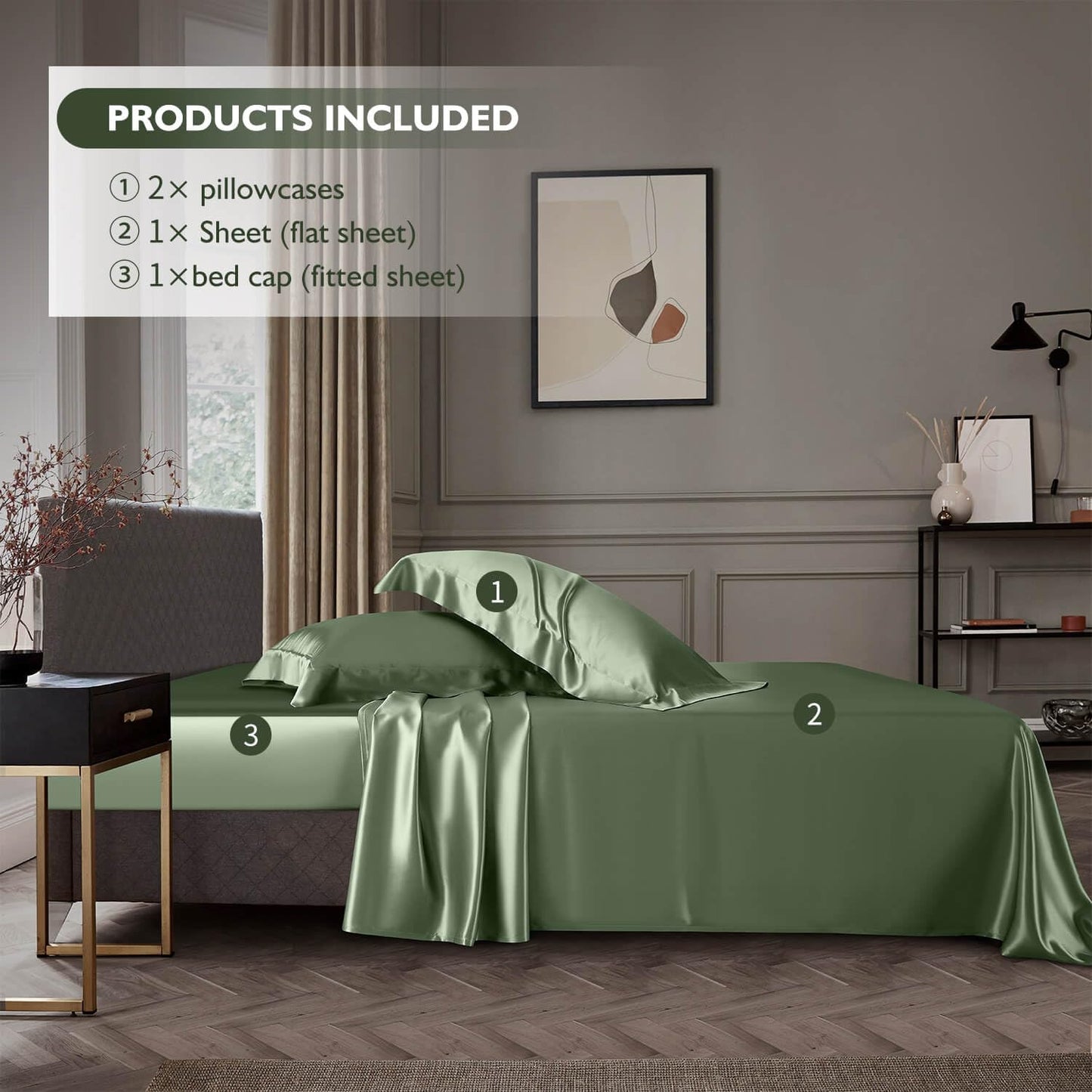 DISANGNI 22 Momme 100% Mulberry Silk Bedding Set - 4-Piece Luxury (2 Pillowcases, 1 Fitted Sheet, 1 Flat Sheet) - 6A Grade Natural Silk (Green, California King)