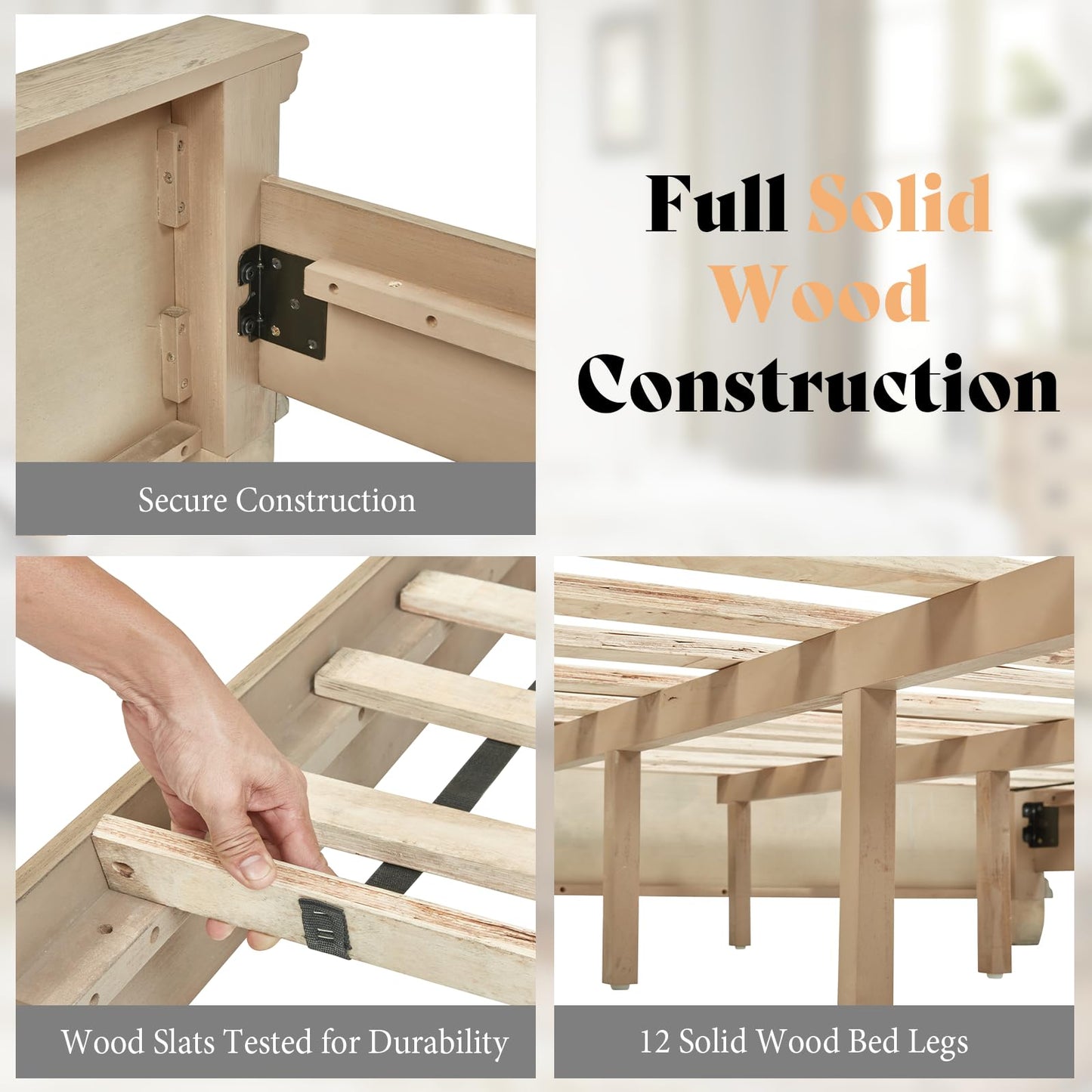 AMERLIFE 68.1" H King Size Bed Frame with Upholstered Headboard, Solid Wood Farmhouse Platform Bed, Architectural Design, No Box Spring Needed, Light Oak