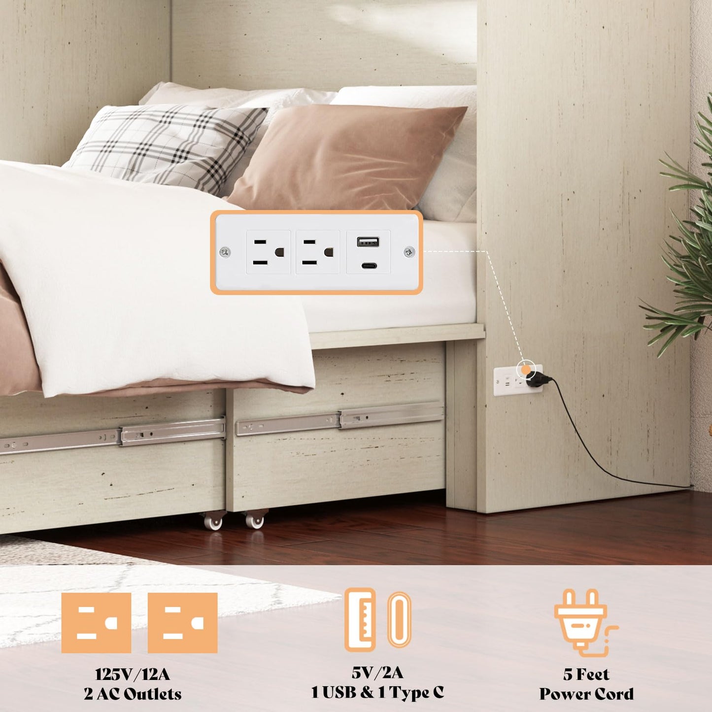 AMERLIFE Queen Murphy Bed with Storage & Charging Station, Farmhouse Murphy Cabinet with Foldable Panel, Noisy Free, for Guest Bedroom, Living Room, Office, Distressed White