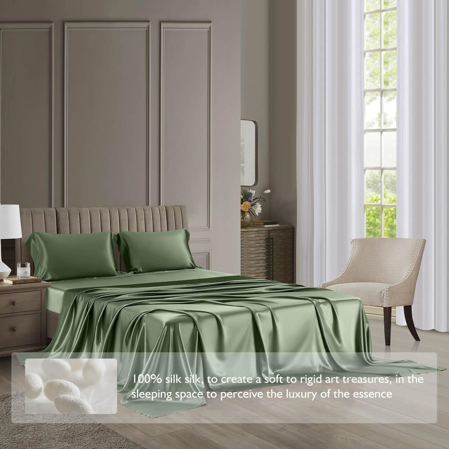 DISANGNI 22 Momme 100% Mulberry Silk Bedding Set - 4-Piece Luxury (2 Pillowcases, 1 Fitted Sheet, 1 Flat Sheet) - 6A Grade Natural Silk (Green, California King)