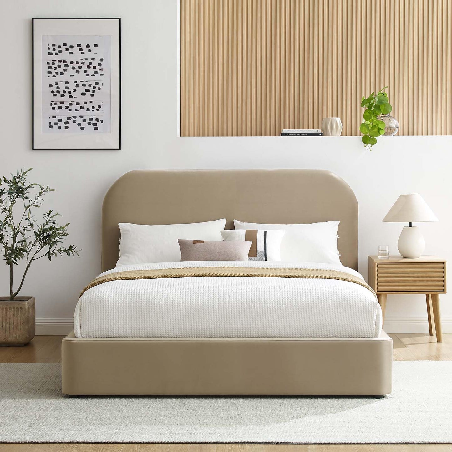Modway Keynote Modern King Size Bed Frame with Curve Shaped Headboard in Taupe, Upholstered Performance Velvet King Platform Bed, Soft Cloud Bed Frame, No Box Spring Needed
