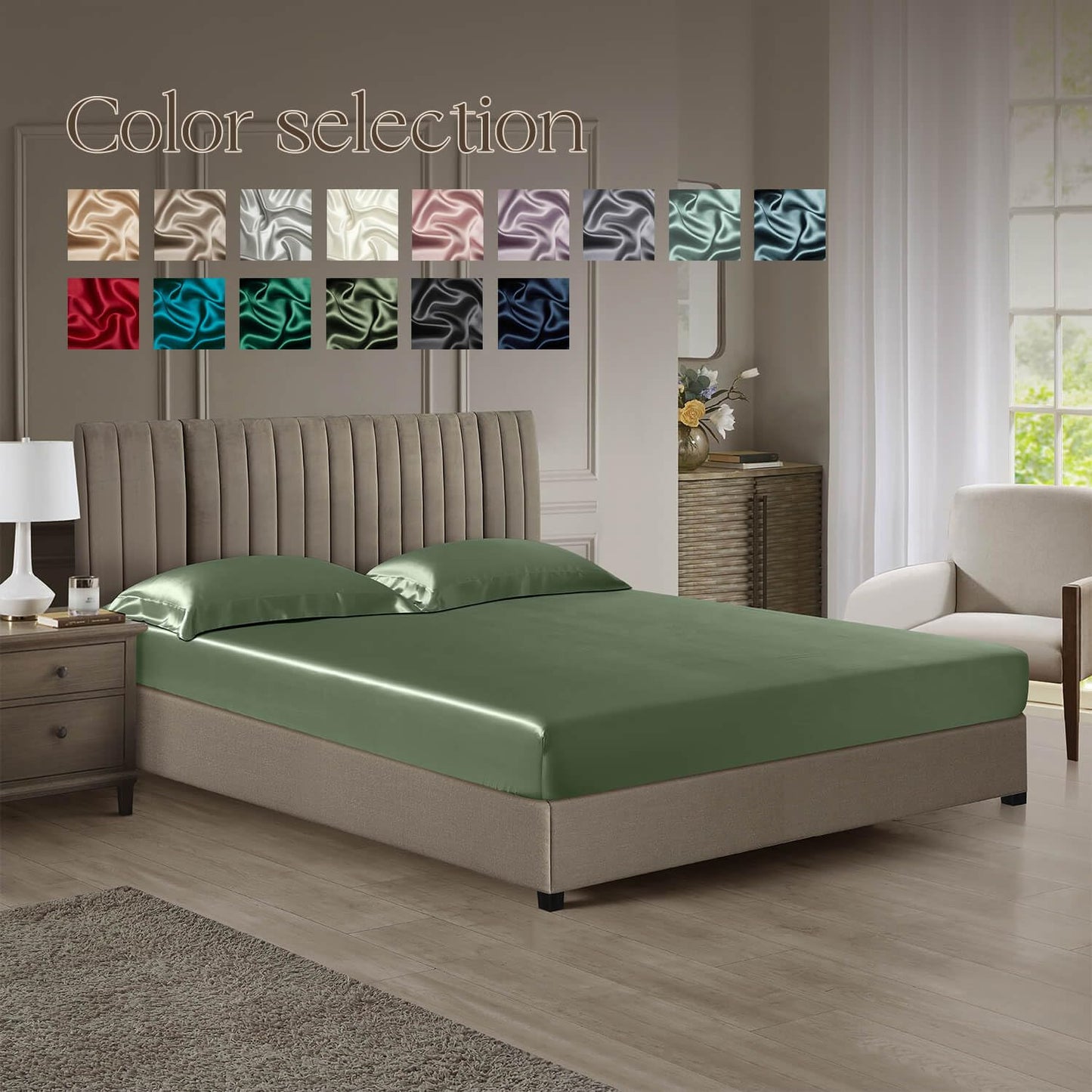 DISANGNI 22 Momme 100% Mulberry Silk Bedding Set - 4-Piece Luxury (2 Pillowcases, 1 Fitted Sheet, 1 Flat Sheet) - 6A Grade Natural Silk (Green, California King)