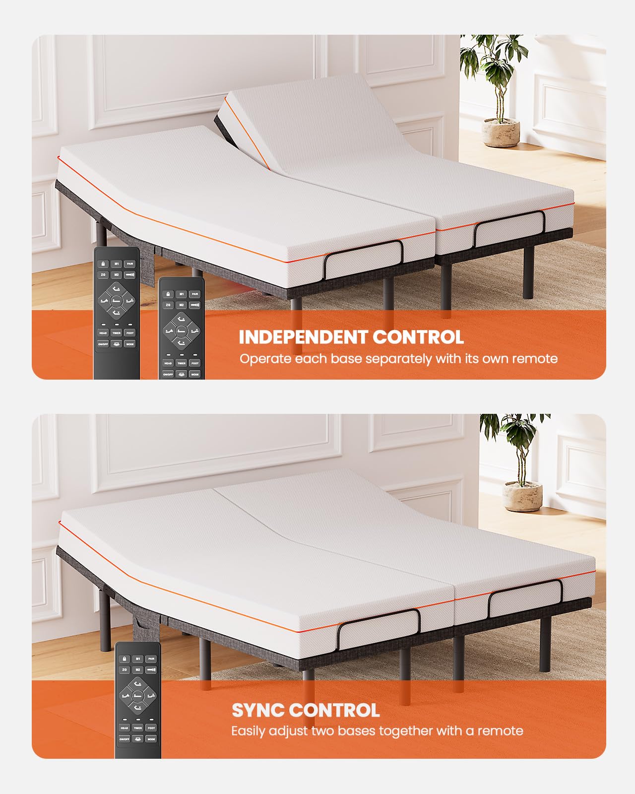 Amada Split King Adjustable Bed Frame with Massage, Adjustable Bed Base with 4 USB Ports & Under-Bed Nightlight, Head & Foot Incline, Electric Base with 4 Height Options, 01B-SK1