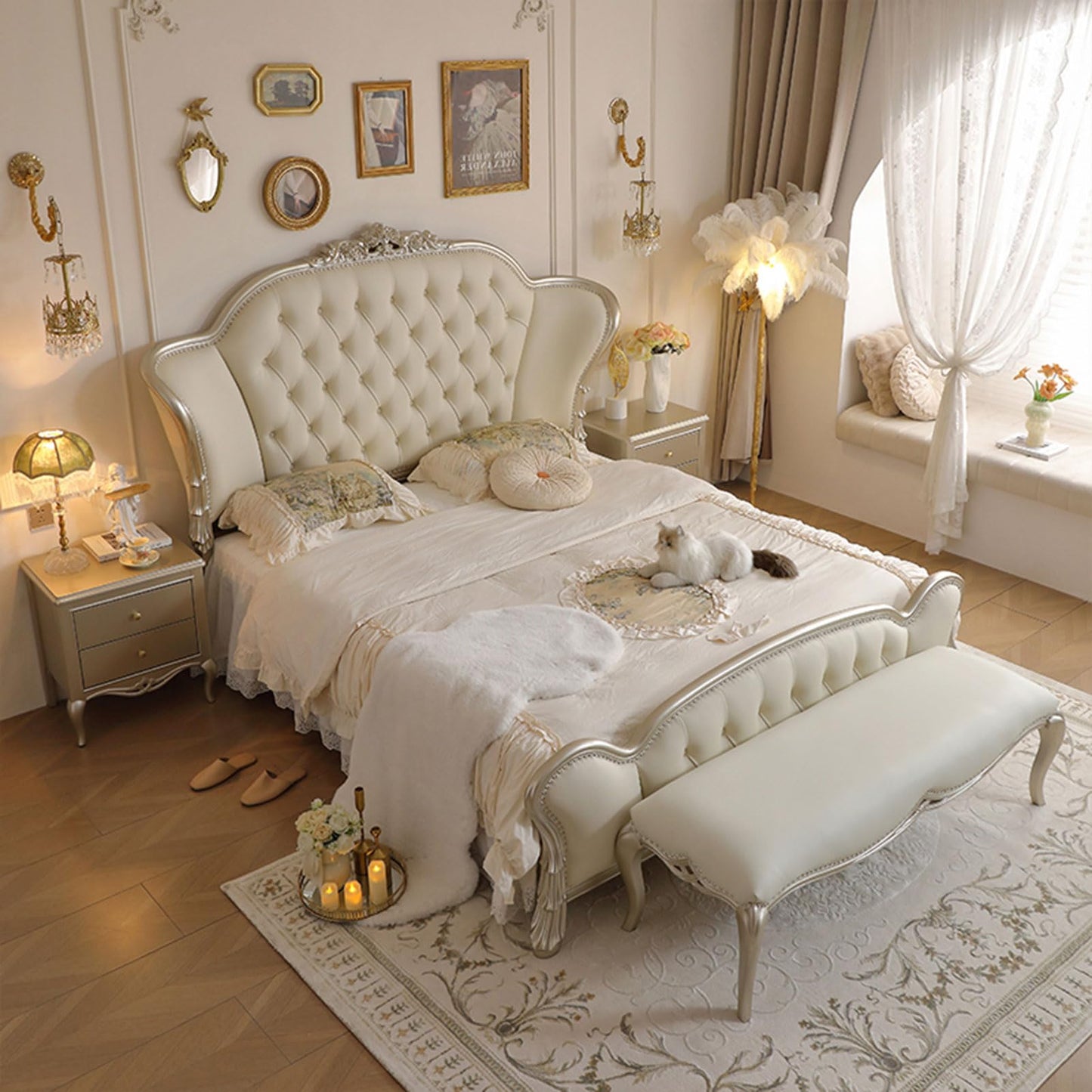 DLCQIJI Modern Light Luxury Upholstered Platform Bed Ergonomic Upholstered Headboard with Heavy Duty Wooden Slat Support Noise-Free