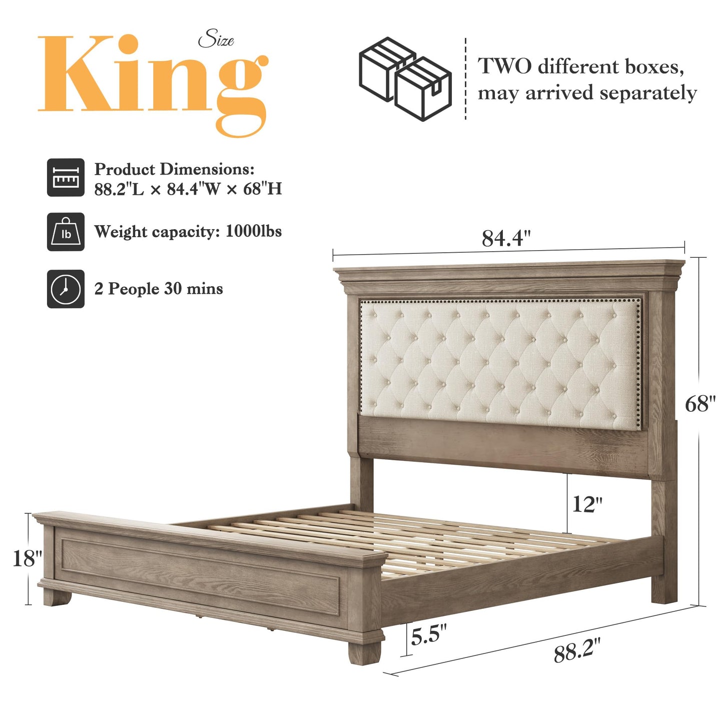 LUXOAK Solid Pine Wood King Bed Frame with 69" High Upholstered Headboard, Transitional Style Platform Bed, No Box Spring Needed & Easy Assembly, Button-Tufted Chenille Fabric, Antique Taupe