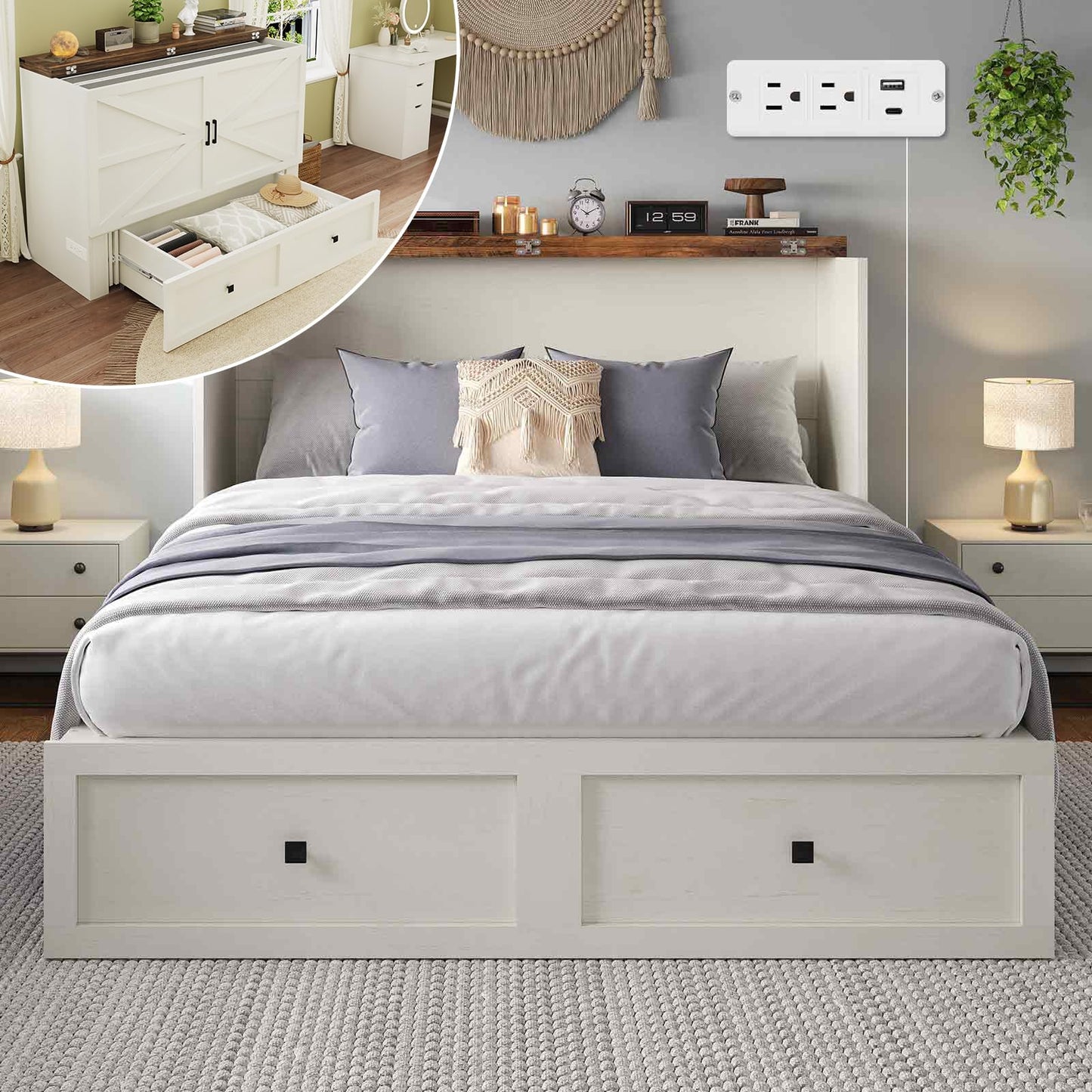 LUXOAK Murphy Bed with Charging Station, Queen Size Cabinet Bed with Large Storage Drawer for Home Office or Small Room, Hideaway Full Foldable Platform Bed, White