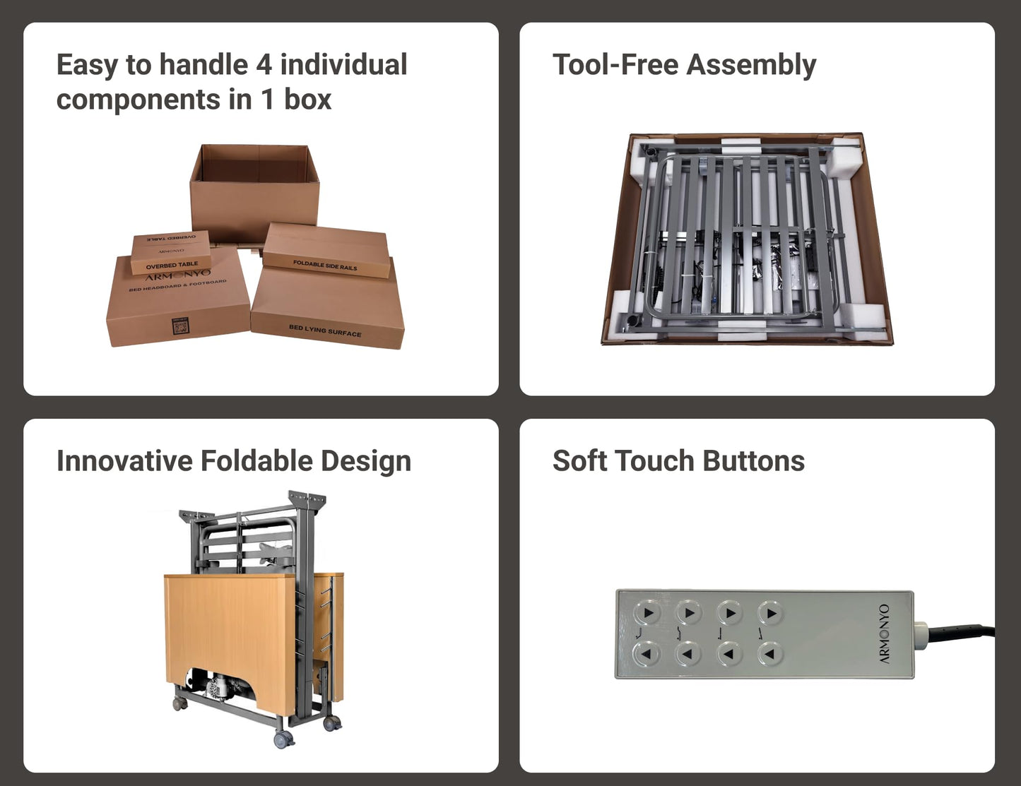 ARMONYO Hospital Bed with 5 Electric Functions – Advanced German Technology Medical Bed for Home Use – Overbed Table & Rails Included – Adjustable Height 8.5”-25”