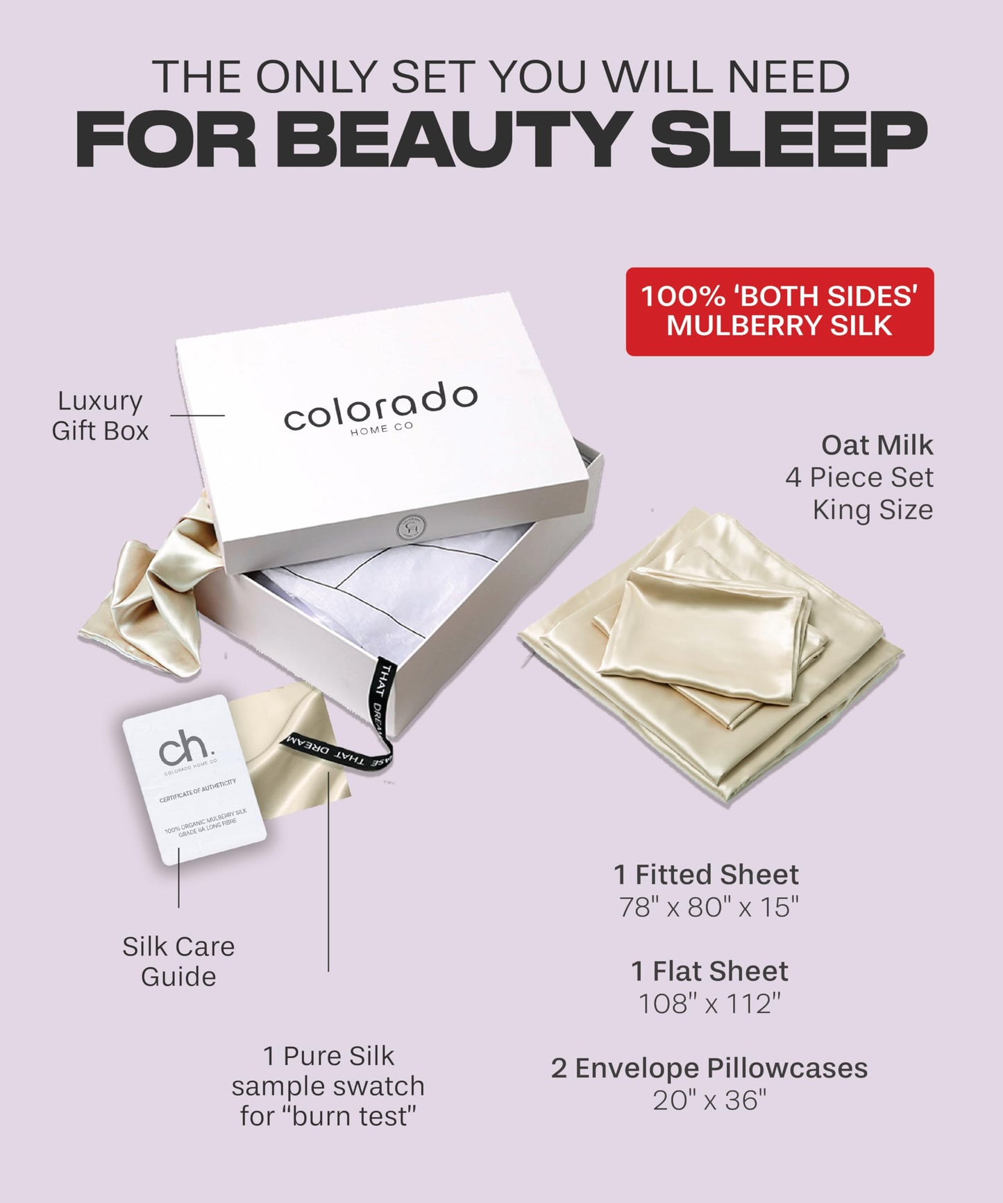 Colorado Home Co SUNDAYSILKS™ | 100% Mulberry Silk Bed Sheets | 4PC Mulberry Silk Sheets King Size | Soft & Durable | Grade 6A Organic Real Silk Sheets Set | Sábanas de Seda | [Oat Milk]