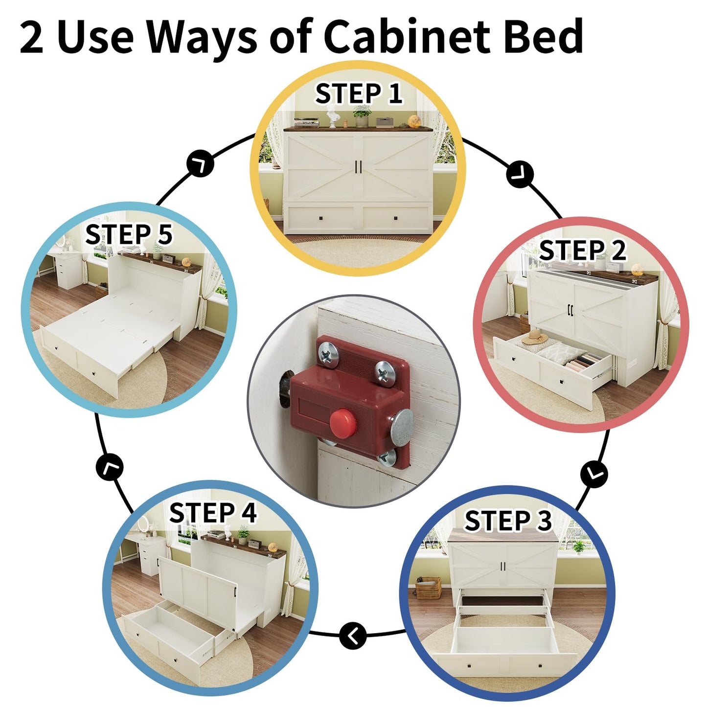 LUXOAK Murphy Bed with Charging Station, Queen Size Cabinet Bed with Large Storage Drawer for Home Office or Small Room, Hideaway Full Foldable Platform Bed, White