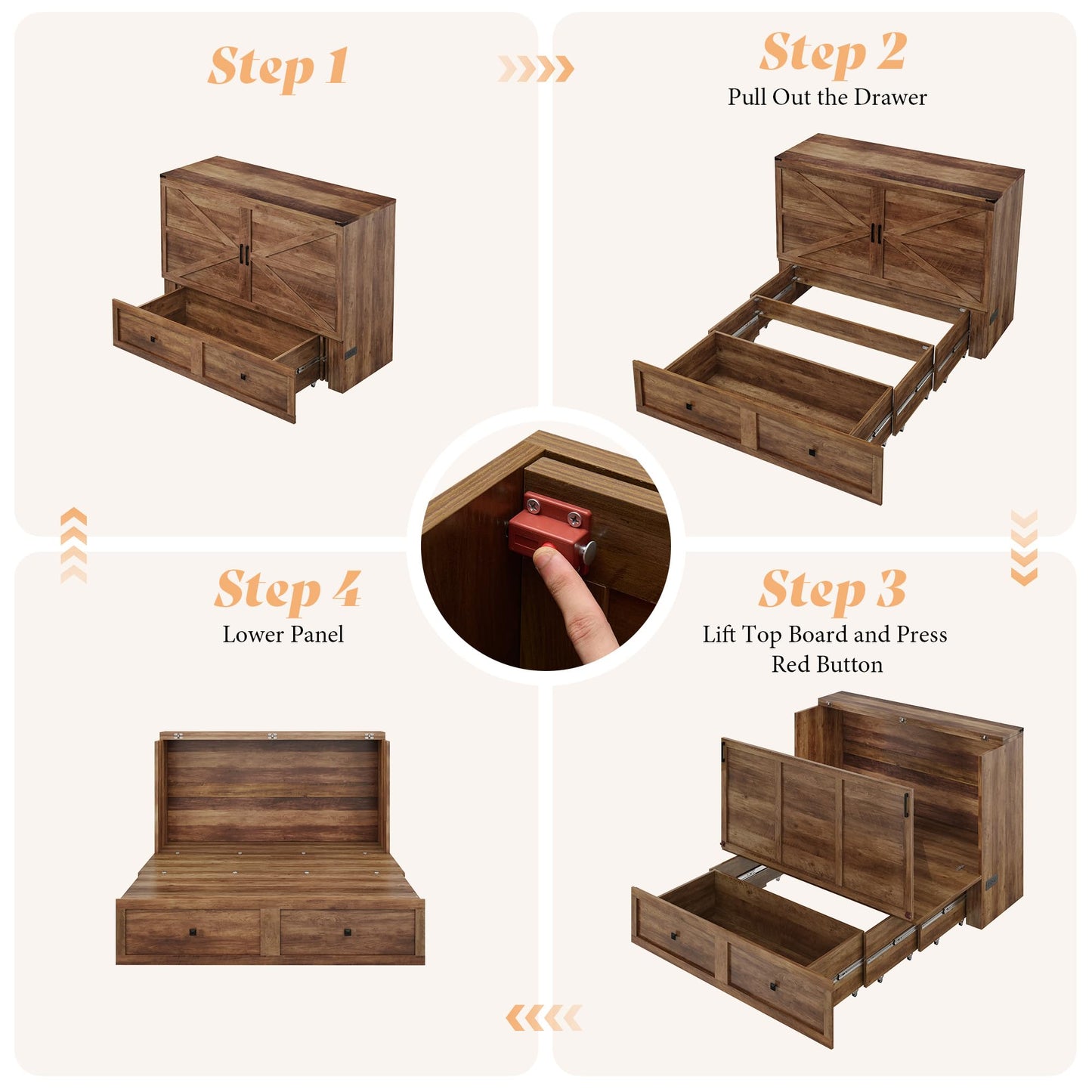 AMERLIFE Queen Murphy Bed Cabinet with Charging Station and Storage, Farmhouse Foldable Platform Bed for Guest Room, Office, Small Spaces, Barnwood