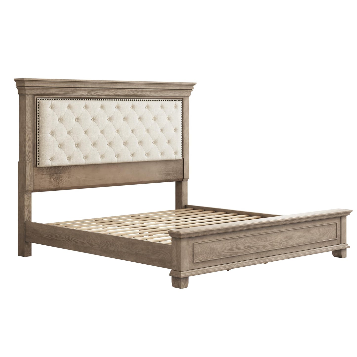 LUXOAK Solid Pine Wood King Bed Frame with 69" High Upholstered Headboard, Transitional Style Platform Bed, No Box Spring Needed & Easy Assembly, Button-Tufted Chenille Fabric, Antique Taupe