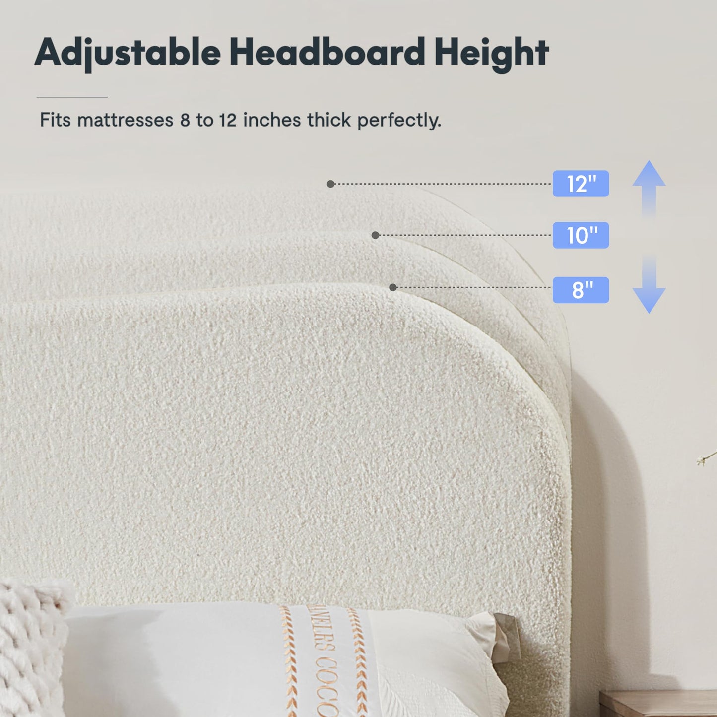 FLEXISPOT Queen All-in-One Adjustable Bed with Fluffy Boucle Bed Frame, Soft Cloud Bed with Head & Foot Incline, Adjustable Headboard, Thick Foam Padding, 10-Year Warranty, Easy Assembly, White