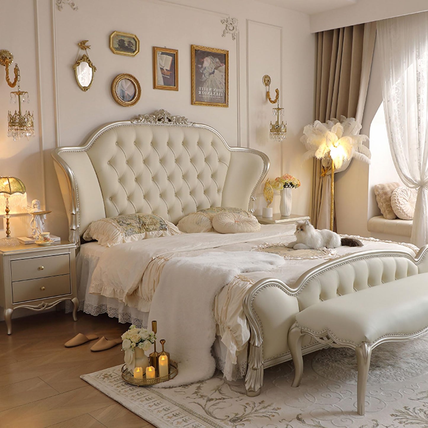 DLCQIJI Modern Light Luxury Upholstered Platform Bed Ergonomic Upholstered Headboard with Heavy Duty Wooden Slat Support Noise-Free