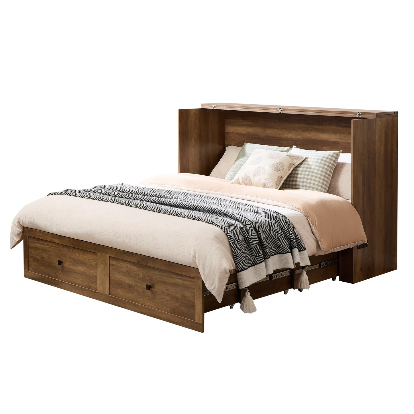 AMERLIFE Queen Murphy Bed Cabinet with Charging Station and Storage, Farmhouse Foldable Platform Bed for Guest Room, Office, Small Spaces, Barnwood