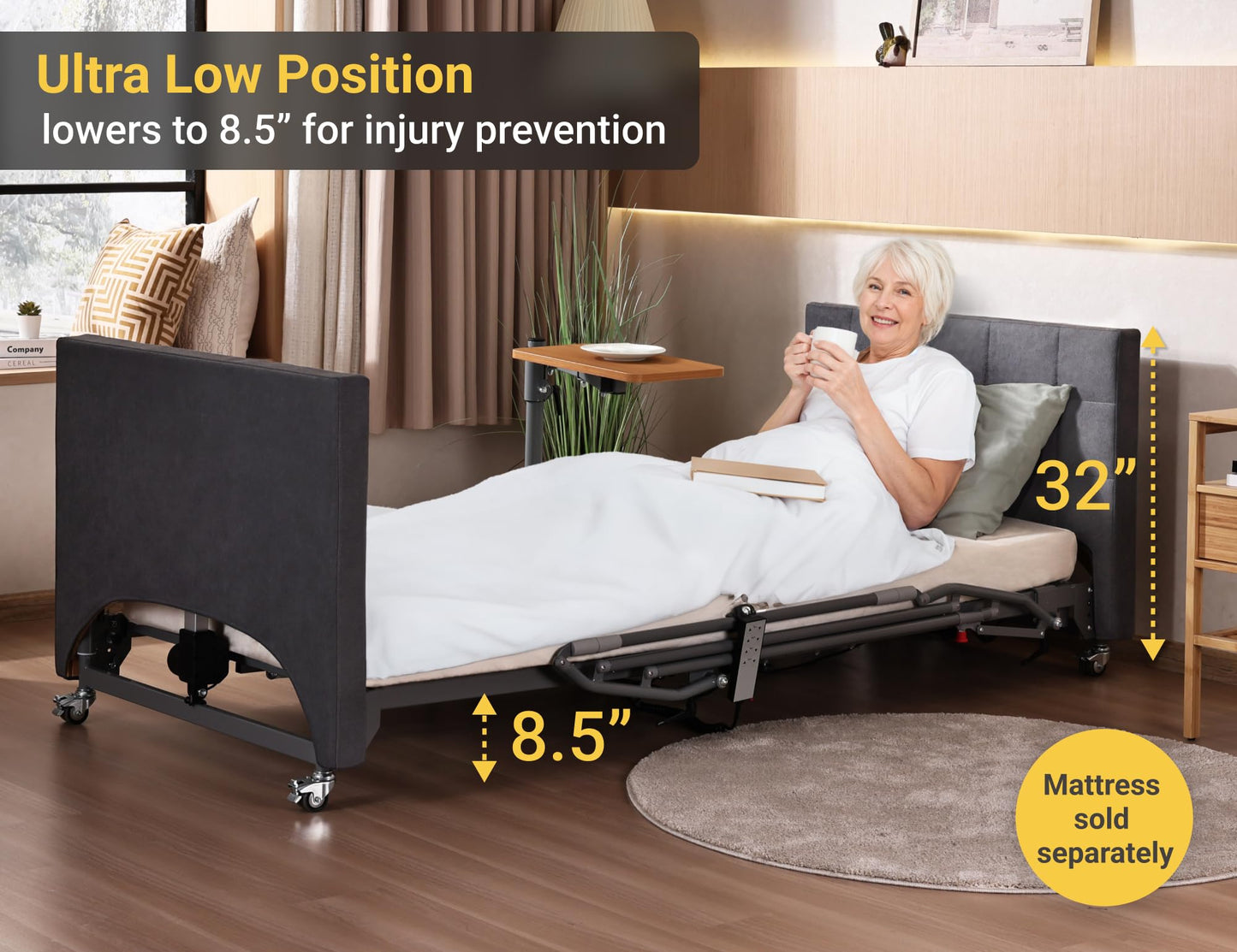 ARMONYO Hospital Bed with 5 Electric Functions – Advanced German Technology Medical Bed for Home Use – Overbed Table & Rails Included – Adjustable Height 8.5”-25”