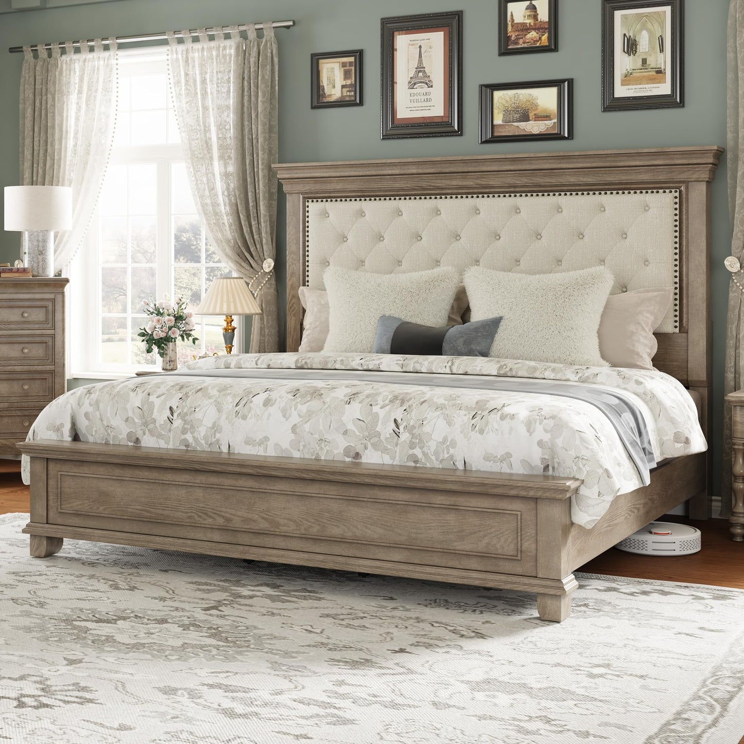LUXOAK Solid Pine Wood King Bed Frame with 69" High Upholstered Headboard, Transitional Style Platform Bed, No Box Spring Needed & Easy Assembly, Button-Tufted Chenille Fabric, Antique Taupe