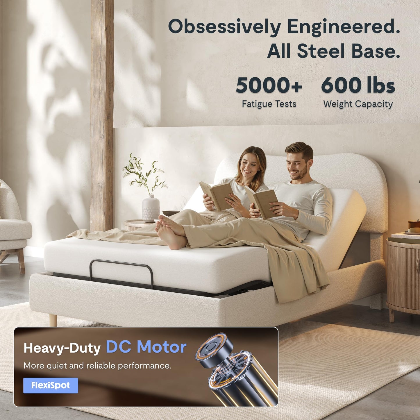 FLEXISPOT Queen All-in-One Adjustable Bed with Fluffy Boucle Bed Frame, Soft Cloud Bed with Head & Foot Incline, Adjustable Headboard, Thick Foam Padding, 10-Year Warranty, Easy Assembly, White