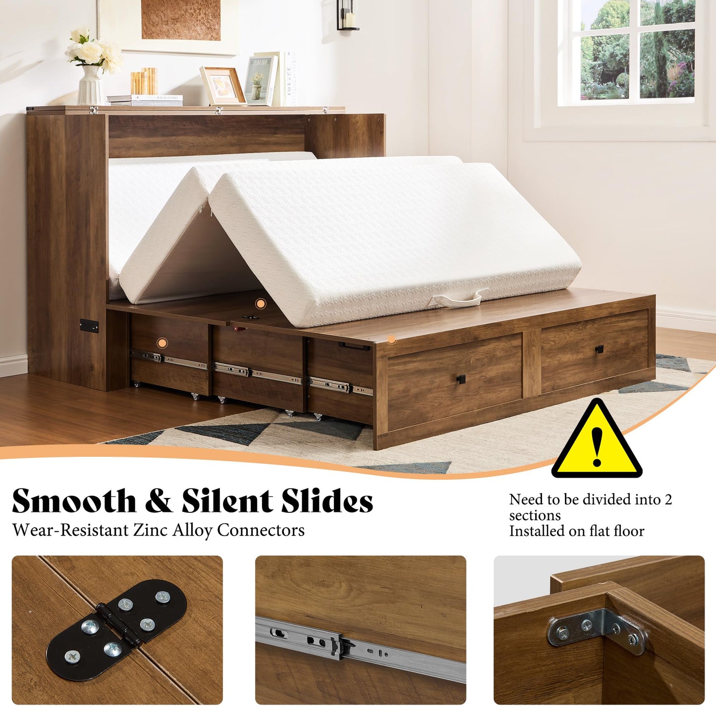 AMERLIFE Queen Murphy Bed Cabinet with Charging Station and Storage, Farmhouse Foldable Platform Bed for Guest Room, Office, Small Spaces, Barnwood