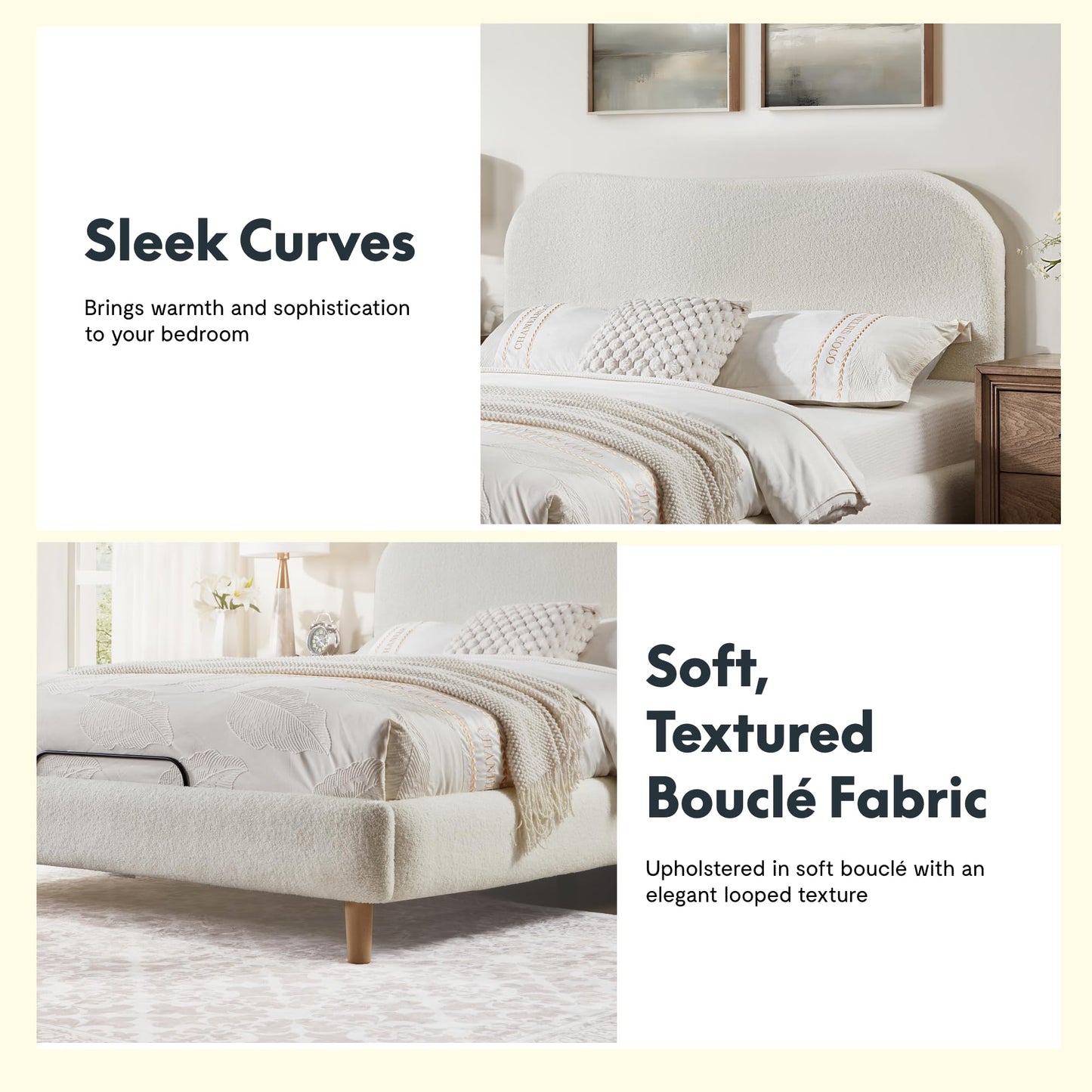 FLEXISPOT Queen All-in-One Adjustable Bed with Fluffy Boucle Bed Frame, Soft Cloud Bed with Head & Foot Incline, Adjustable Headboard, Thick Foam Padding, 10-Year Warranty, Easy Assembly, White