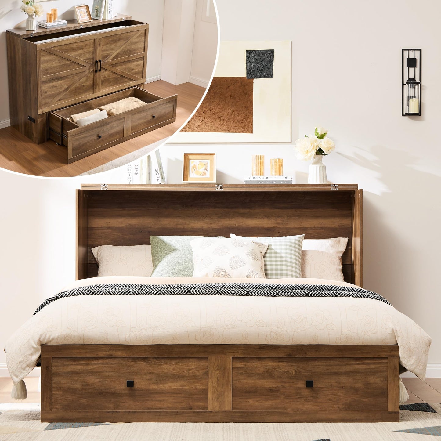 AMERLIFE Queen Murphy Bed Cabinet with Charging Station and Storage, Farmhouse Foldable Platform Bed for Guest Room, Office, Small Spaces, Barnwood