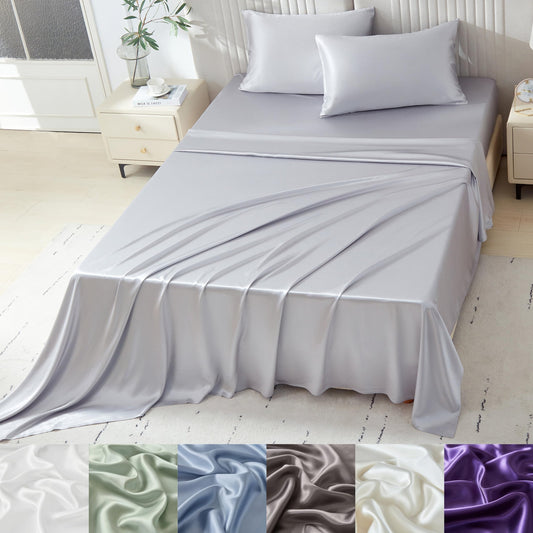 Mulberry Park Silks - 22 Momme 100% Mulberry Silk Sheets - King Size Bed Set - 16" Pocket - Luxurious Bed Sheets & Pillowcases, Skin-Friendly & Breathable - Charmeuse Silk for Hair Care - Silver