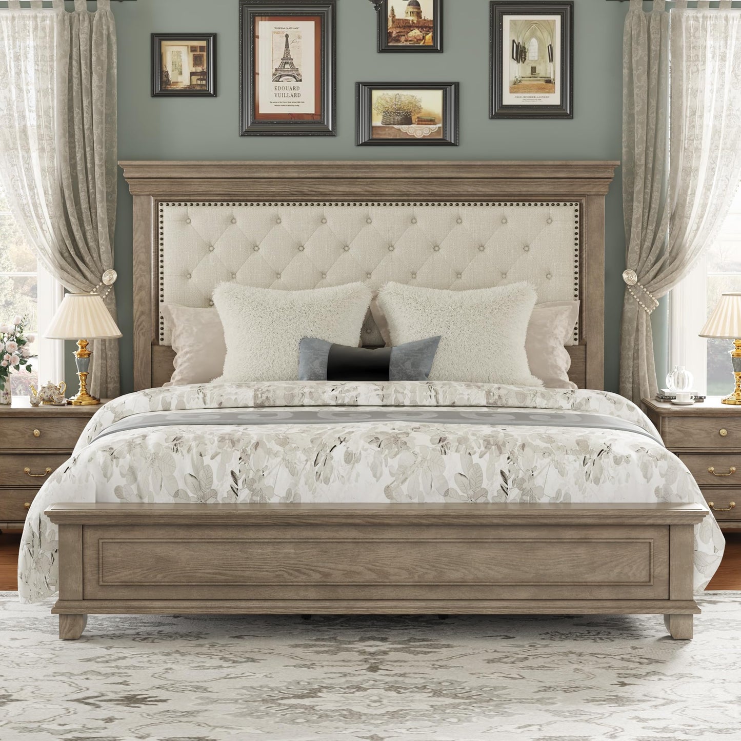 LUXOAK Solid Pine Wood King Bed Frame with 69" High Upholstered Headboard, Transitional Style Platform Bed, No Box Spring Needed & Easy Assembly, Button-Tufted Chenille Fabric, Antique Taupe