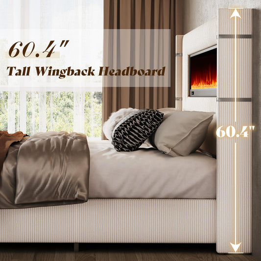 AMERLIFE Modern King Size Bed Frame with Fireplace, Wingback Platform Bed Frame with 60.4“ Extra Tall Headboard, Corduroy Upholstered Bed Frame Wooden Slats/No Box Spring Needed, Beige