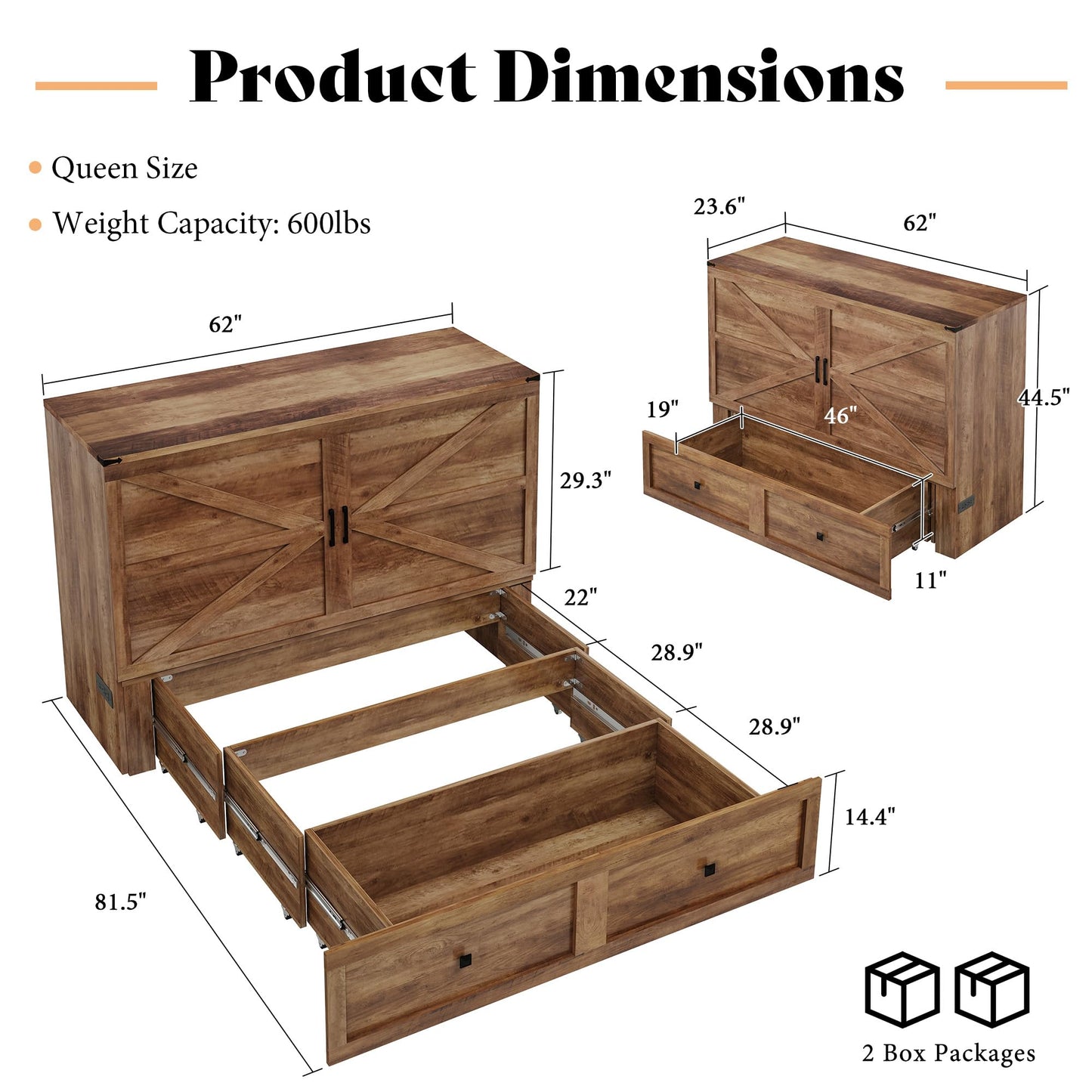 AMERLIFE Queen Murphy Bed Cabinet with Charging Station and Storage, Farmhouse Foldable Platform Bed for Guest Room, Office, Small Spaces, Barnwood